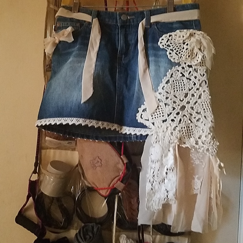 Unique denim mini skirt.